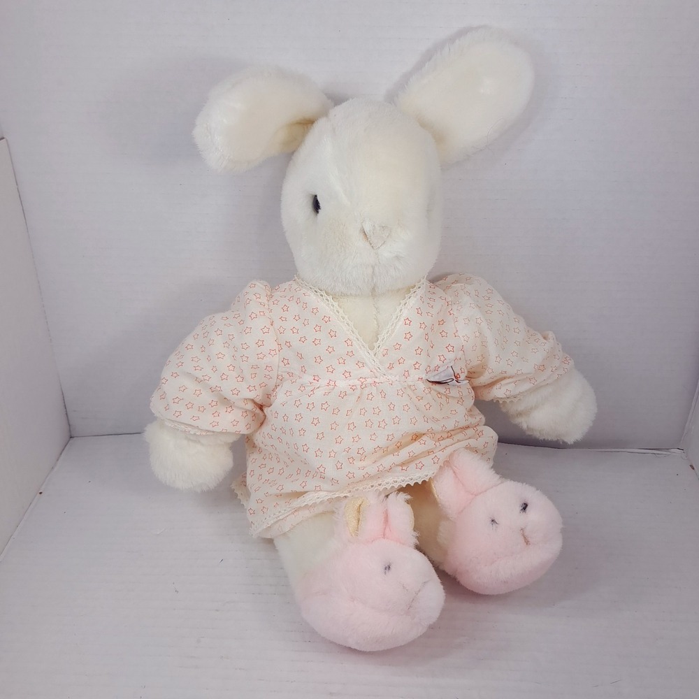Vintage Gund Bunny Two Shoes Plush Pink Slippers white Rabbit pajamas pjs 1985